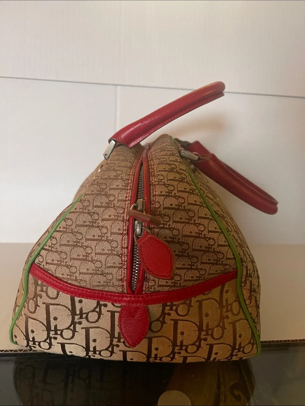 Vintage Dior Monogram Satchel with Red, Yellow & Green Trim